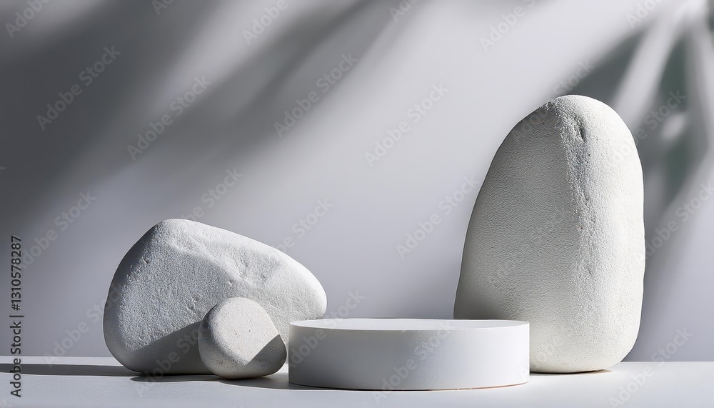 Poster minimalistic abstraction striking white stone formations complement a modern cylindrical platform ag