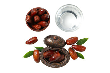 Dried dates in bronze and wooden bowls, a glass of water, top view, isolated on white background,...