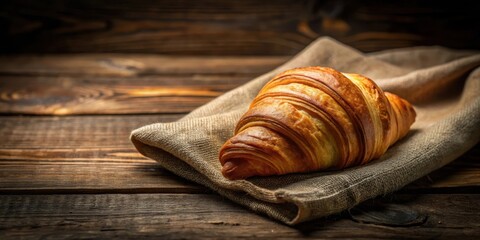 A traditional croissant pastry arranged on a rustic wooden table with a vintage linen cloth and dim soft lighting , vintage linen, croissants arrangement