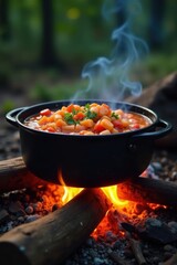 Bubbly stew in open-topped Dutch oven over campfire flames, campfire, delicious