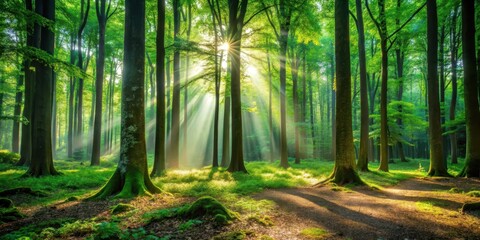 Fototapeta premium Forest Floor with Towering Trees and Dappled Sunlight, leafy greens, canopy, leafy greens