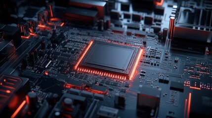 Fototapeta premium Close-up of a glowing circuit board with vibrant details