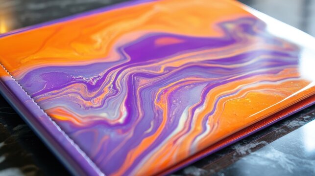 A decorative notebook with bright orange and purple abstract designs