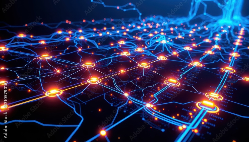 Poster futuristic digital network with glowing nodes and interconnected lines