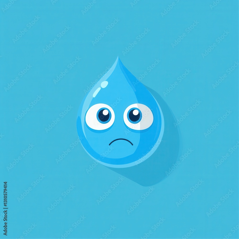 Poster sad blue water drop character expresses emotion in a minimalist design showcasing loneliness and sim