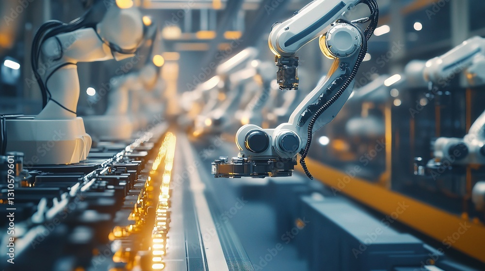 Poster advanced robots in a modern manufacturing assembly line