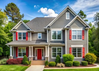 Minimalist Georgia house, two stories high, features grey trim and striking red windows.