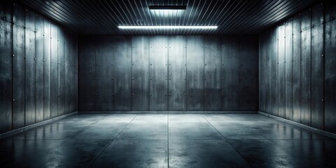 dimly lit room with metal walls and floor, surrounded by dark shadows, dark, mysterious, dark, mysterious, barren, eerie, heavy