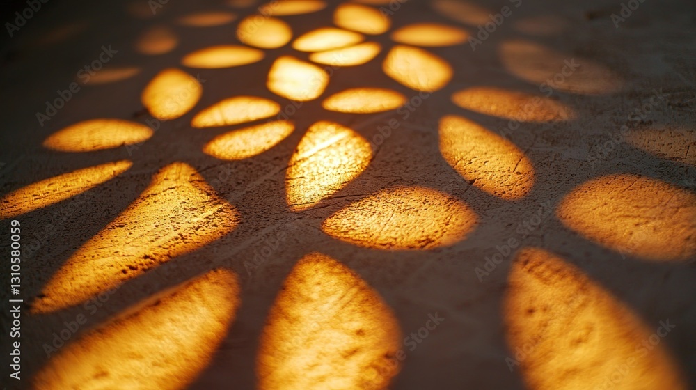 Poster flower-like light patterns create warm textures on a rough, muted surface