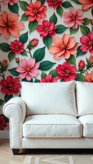 Clean lines of white sofa contrast bold blooms on wallpaper , living room, decorating, wallpaper