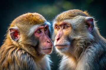 Fototapeta premium Low Light Macaque Grooming: Two Monkeys Cleaning Each Other in the Dark