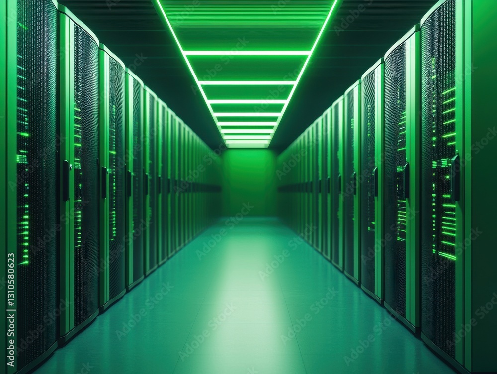 Poster futuristic data center with green lighting and rows of server racks.