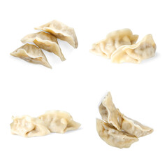 Tasty boiled gyoza (dumplings) on white background, collage