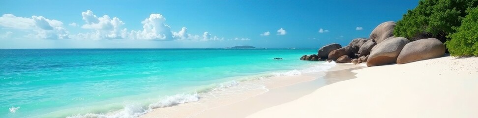 Obraz premium White sand meets turquoise sea under a cloudless sky Peaceful summer escape , cloudless, holiday