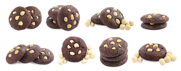 Yummy chocolate cookies with hazelnuts isolated on white, set