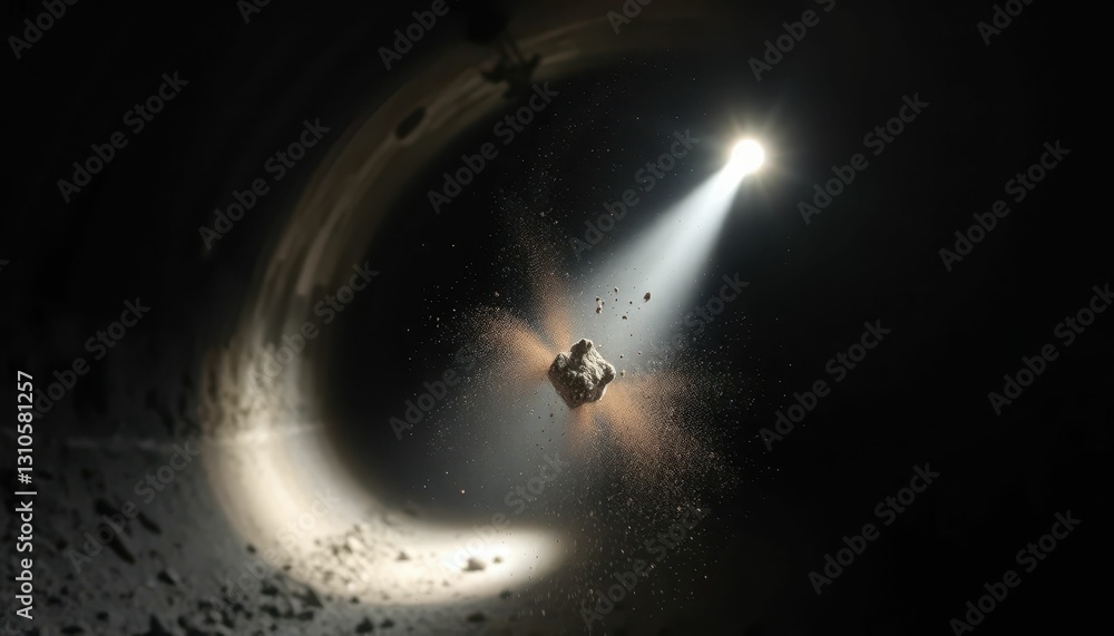Poster asteroid floating in space with bright light source illuminating dust
