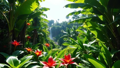 Obraz premium Tropical Paradise with Lush Greenery and Bright Red Flowers