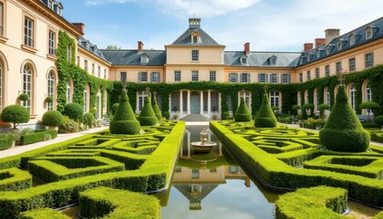 Obraz premium Elegant Formal Garden Design with Pristine Greenery and Water Feature