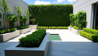 Modern Minimalist Courtyard Design with Lush Greenery and Water Features