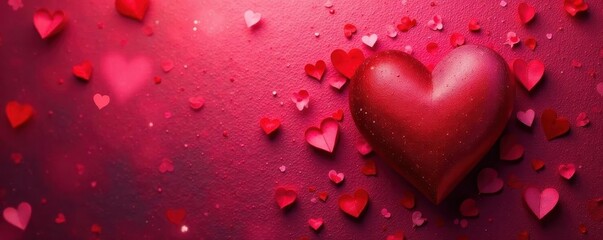 Asymmetrical heart motif; deep red, light pink hues, blurred edges on a textured valentine backdrop  ,  subtlety,  chic