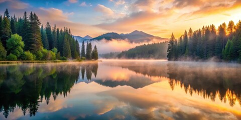 serene mountain lake at sunset with reflected trees and misty fog, forest surroundings, mountain reflection