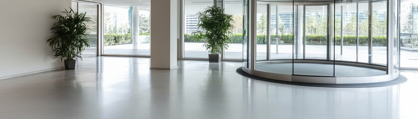 Fototapeta premium Modern entrance with glass revolving door and greenery creating a welcoming atmosphere.