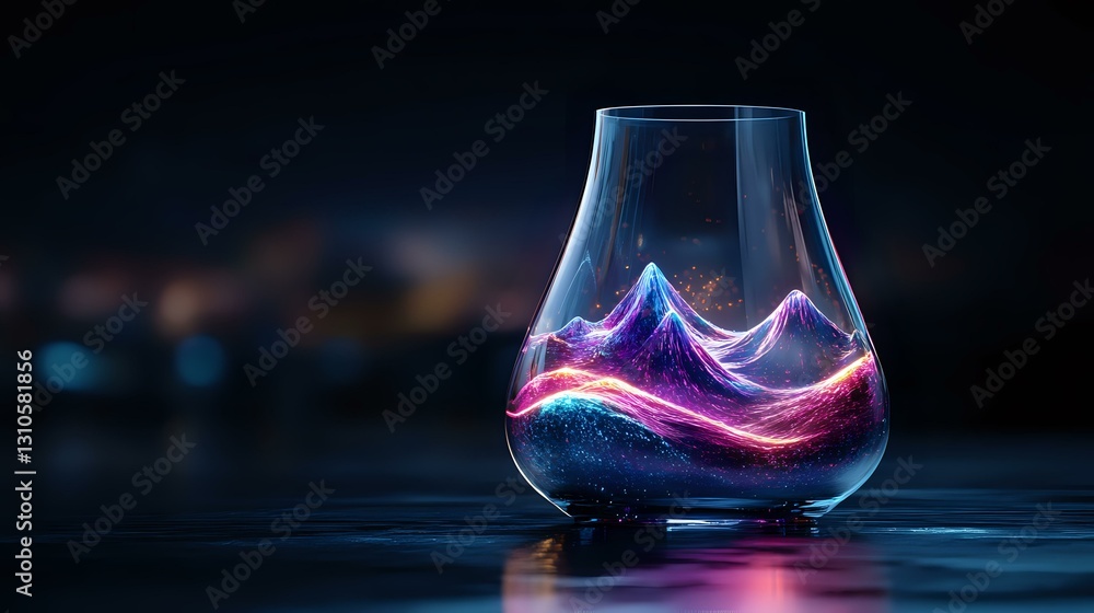 Poster glowing neon waves flow inside glass vessel on dark background, creating mystical aurora effect with