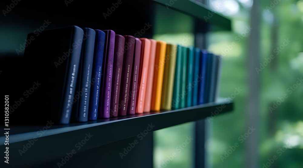 Poster row of colorful book spines arranged in rainbow spectrum order on dark shelf against blurred green n