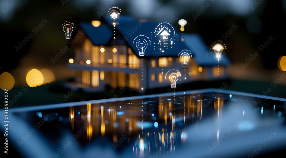 Aufkleber digital tablet screen reflecting smart home automation system with glowing light bulb icons floating