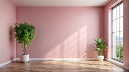 A minimalist pink wall with a lush green home plant sits alone in a sparse room with natural light pouring in through large windows, home plant, simple elegance