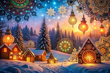 Fototapeta premium Low Light Snowy Winter Wonderland Doodle Art Background: Desi Style Design