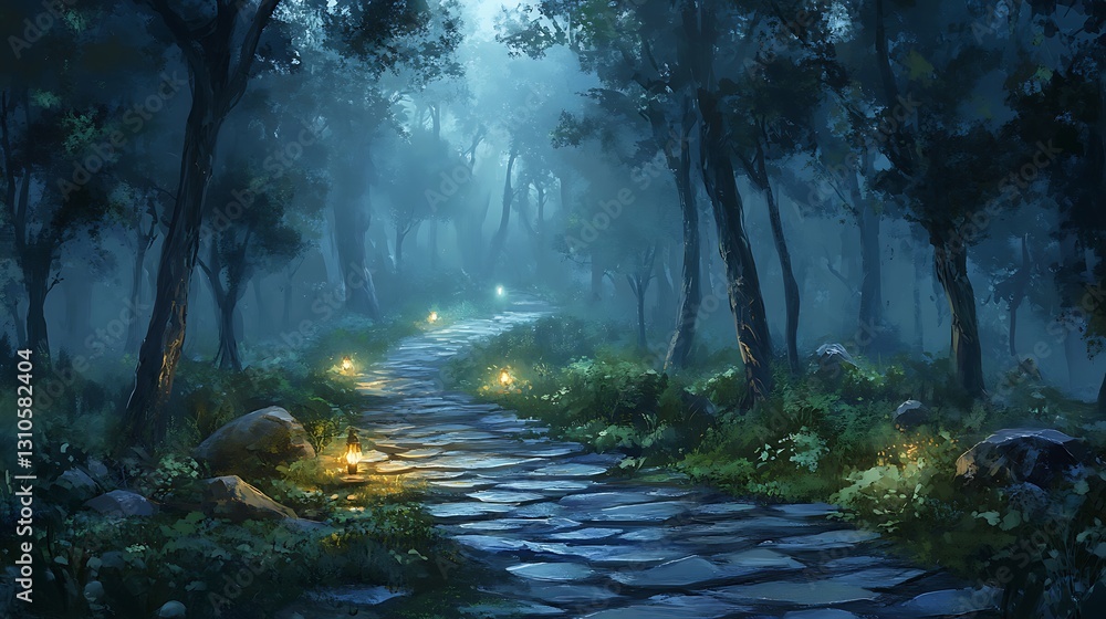 Poster a misty landscape seamlessly transitions into a thick forest, with addition of hovering clouds enhan