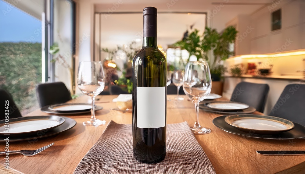 Poster mockup of wine bottle on dining table with empty label, elegant and minimalistic scene evoking a sen
