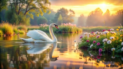 Fototapeta premium An elegant Art Swan floats on the surface of a serene pond at sunrise
