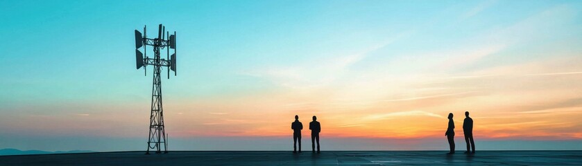 Fototapeta premium People silhouetted against a vibrant sunset near a communication tower.