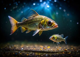 Low Light Underwater Scene: Small Fish Pursuing Large Prey