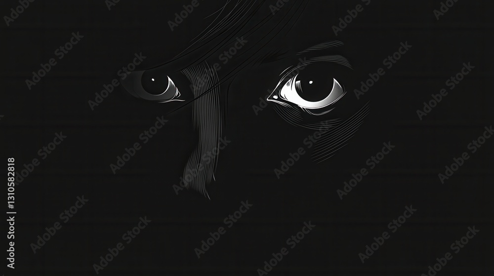 Poster mysterious dark face with wide fearful eyes in a minimalist design offering an eerie monochrome cont