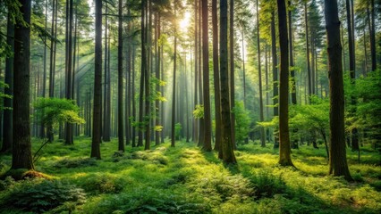 Fototapeta premium Dense forest with tall trees and underbrush, outdoors, dense forest, outdoors, dense forest, wild animals, fauna