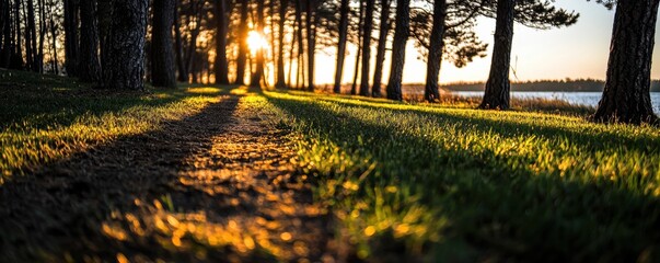 Serene pathway illuminated by golden sunlight through tall trees in a tranquil forest.