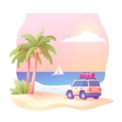 Obraz premium Cars and sailboats on the pink seaside