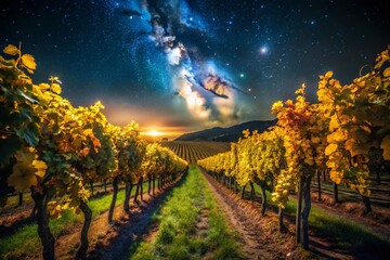 Naklejka premium Low Light Vineyard Scene: Nighttime Grapevines, Weinreben 13.402 Area