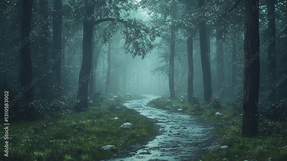 Poster a misty landscape seamlessly transitions into a thick forest, with addition of hovering clouds enhan