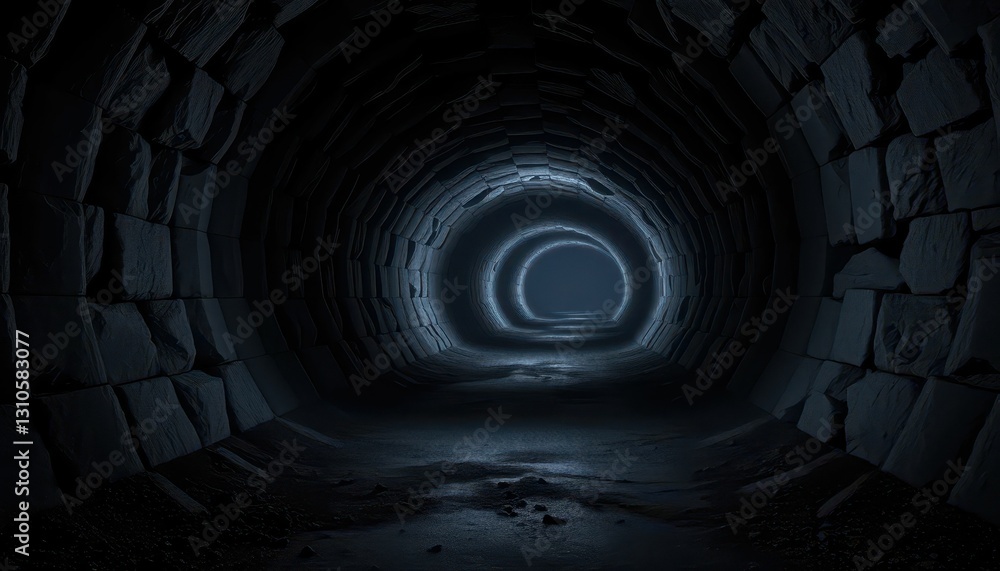 Poster dark and mysterious tunnel with soft light at the end of the path