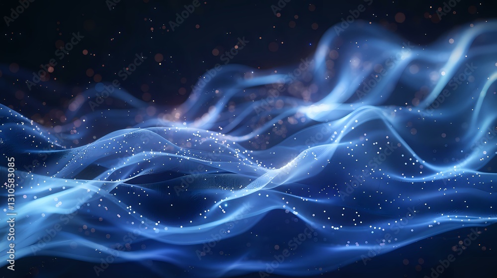 Poster abstract flowing blue waves with glowing particles and light effects on dark background create dynam