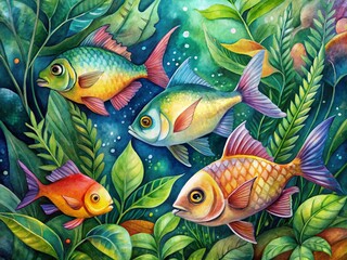 Fototapeta premium Low Light Watercolor Fish & Leaf Design Print - Artistic Botanical Illustration