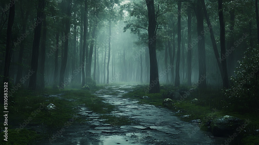 Poster a misty landscape seamlessly transitions into a thick forest, with addition of hovering clouds enhan