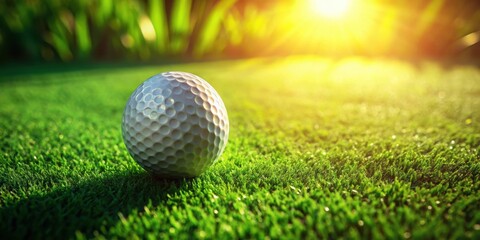 Obraz premium A golf ball placed on a lush green grass surface with subtle shadows and gentle ripples, recreation, landscape
