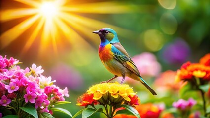 A colorful bird perched on a blooming flower in a vibrant garden with lush greenery and warm sunlight filtering through , colorful bird, bird perches