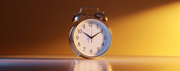Stylish alarm clock on a reflective surface, illuminated by warm golden light.