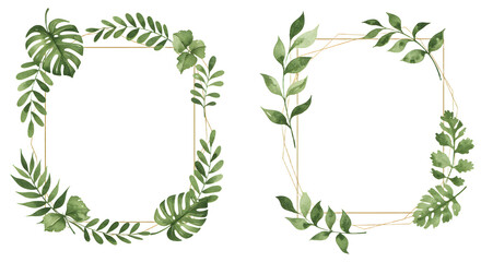 Fototapeta premium Delicate botanical frame collection featuring fresh green watercolor foliage